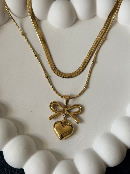 Layered Puffy Heart Bow Necklace