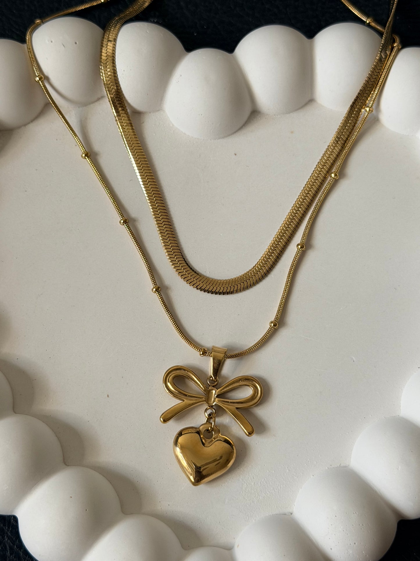 Layered Puffy Heart Bow Necklace