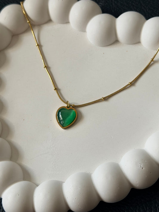 Green Cat Eye Heart Necklace