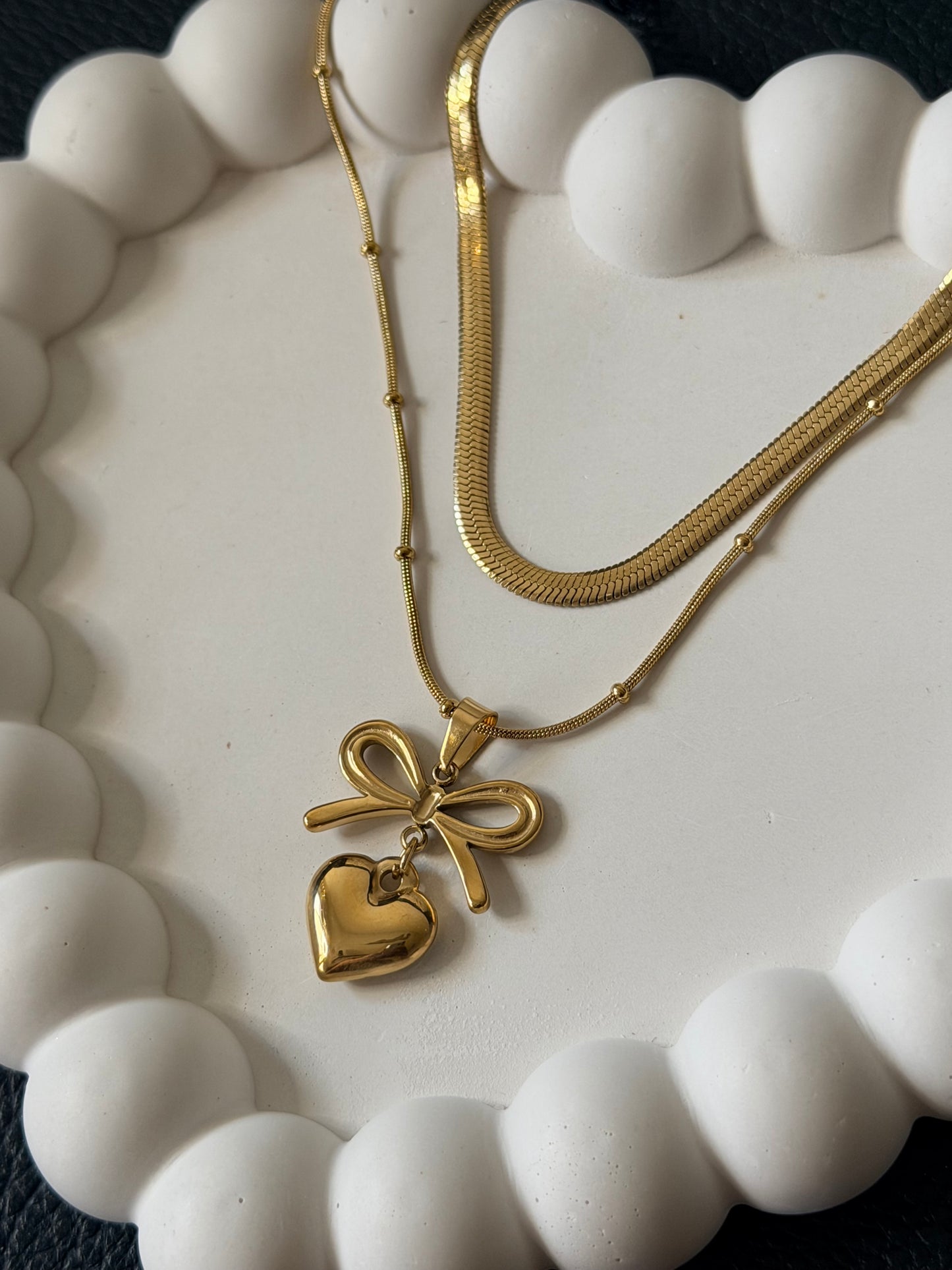 Layered Puffy Heart Bow Necklace
